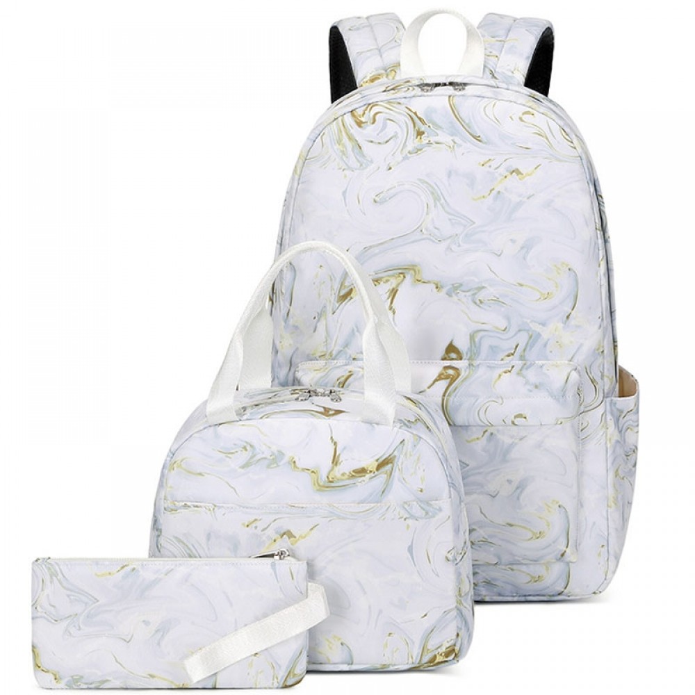 Summer Backpack Set 3 Pieces Marble Prints School Bag Large Capacity Bookbag Top Level
