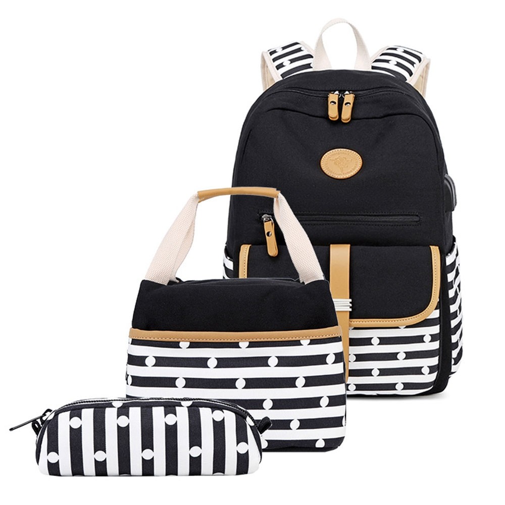 Pomoko School Backpack for Teen Girls/Women, Cute College Bookbag Set Canvas Backpack with Lunch Bag Pencil Bag, Girl's, Size: Small, Black