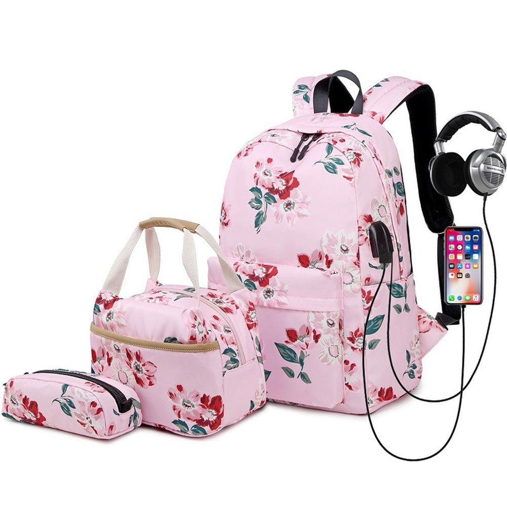 College Backpack Set with USB Charging Port for High School Floral Prints  Backpack with Lunch Bag Pencil Box 