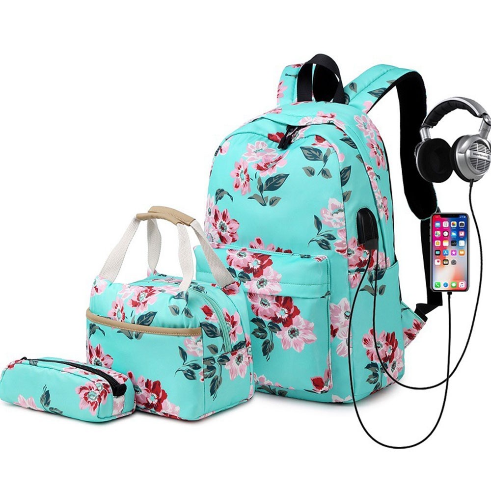 Big Bookbag With Pencil Case Flowers Flowers Of The Field Field Meadow Blue Bookbag With Usb Charging Port With Usb Charging Port Laptop Bookbags Set For Travel School Hiking Camping Teens Girls Boys