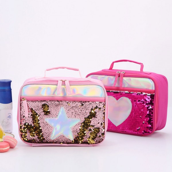 Kids Sequins Lunch Box Cute Blingbling Waterproof Lunch Box Tote Bag