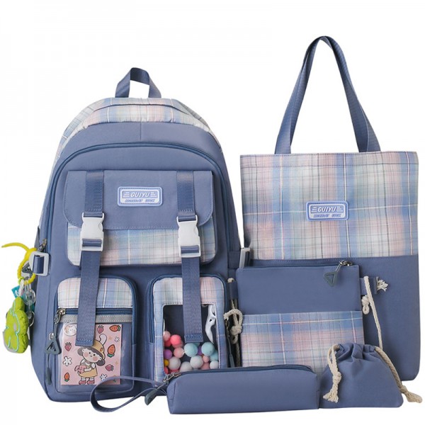 5pcs Girls Bag Set Functional Backpack Shoulder Bag Square Bag Plaid Letter Bag