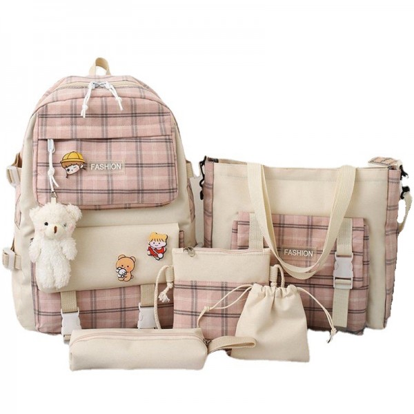 5Pcs Girls School Backpack Combo Set Plaid Laptop Schoolbag Kit