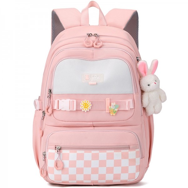 Pink Backpack For Girls Elementary & Middle School Students Book Bag with Bunny Pendent