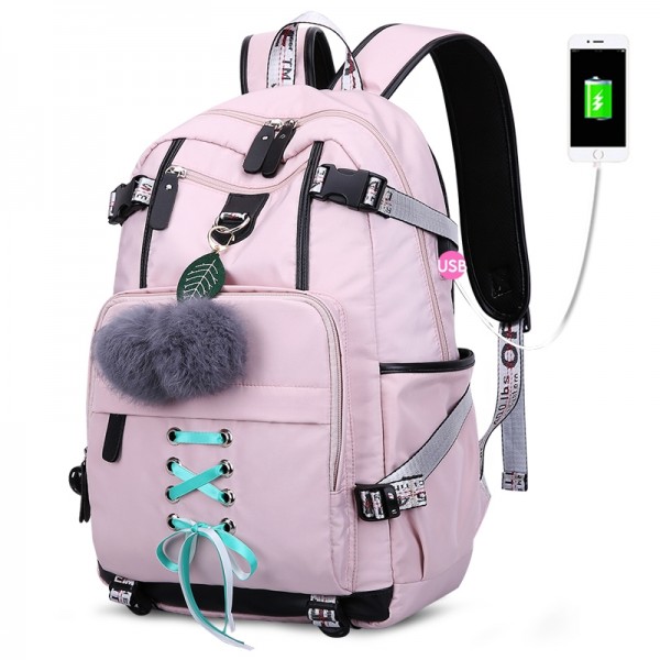 Pink Middle School Backpack for Teenage Girls Book Bag 18 inch Daypack with USB Charger