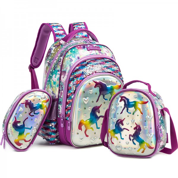 Unicorn 3 Pcs School Backpack Set With Lunch Bag Pencil Case For Teens Girls