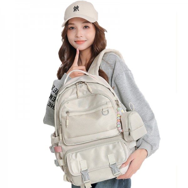 Cute School Bag Solid Color Backpack With Hanging Decor For Girls