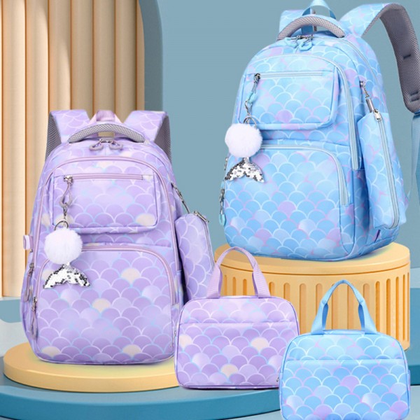 Primary 3 Pcs School Backpack Set Fish Scale Pattern Book Bag For Girls