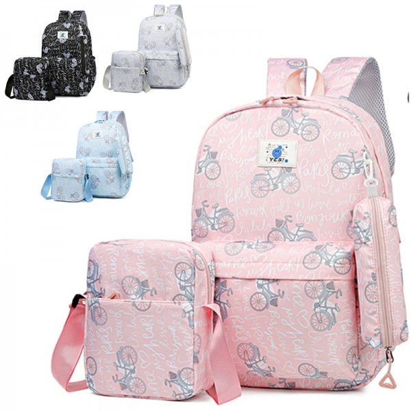 Pink 3 Pcs Prited Schoolbag Set With Crossbody Bag For Students Kids