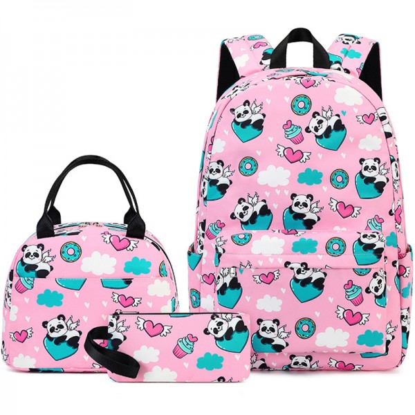 3 Pcs Cute Panda Cartoon Pattern Bookbag Set For Kids Students