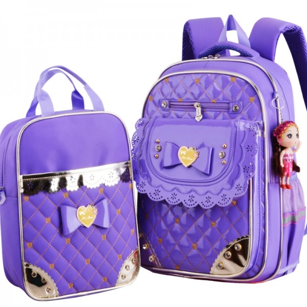 Students PU School Backpack and Lunch Bag 2 Sets for Primary Girls Waterproof School Bag