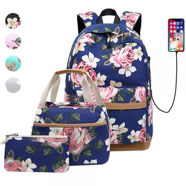 3 Pcs Backpack Set Teen Girls Floral Print School Bags USB Laptop Daypack Portable Lunch Bags Purse