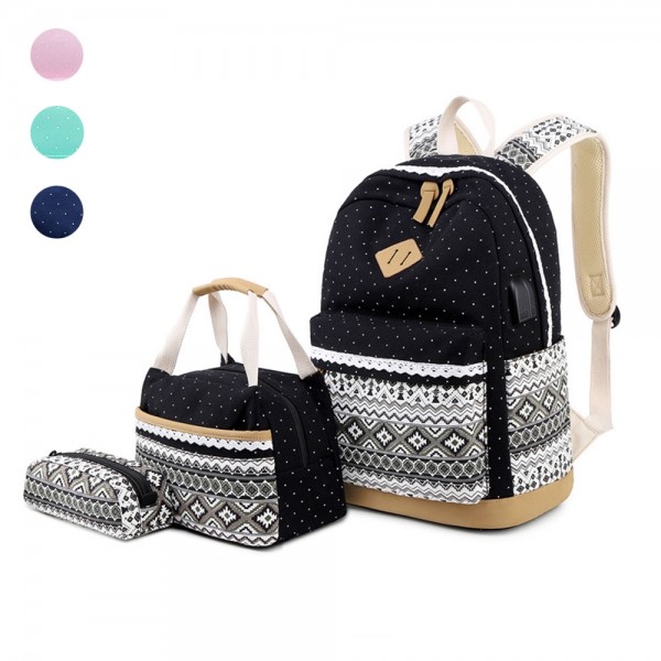 Sale Bohemian Style Canvas 3 Pieces Schoolbag for Girls Dot Backpack Set