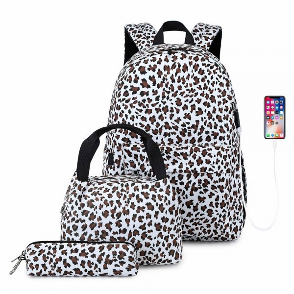 Canvas Backpack Set for School Leopard Bookbag with USB Charger