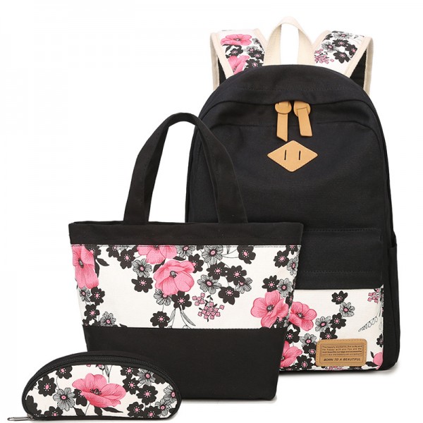 Black Floral Printed School Backpack Sets with Lunch Bag and Pencil Case