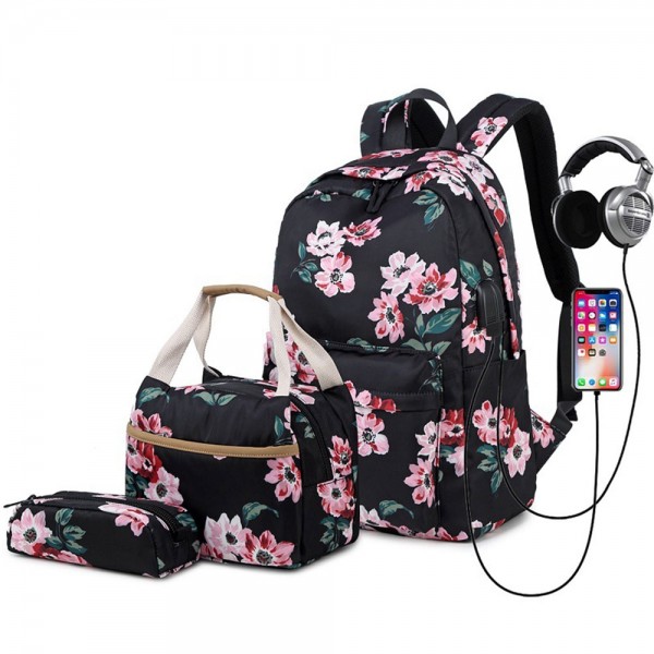 College Backpack Set with USB Charging Port for High School Floral Prints Backpack with Lunch Bag Pencil Box